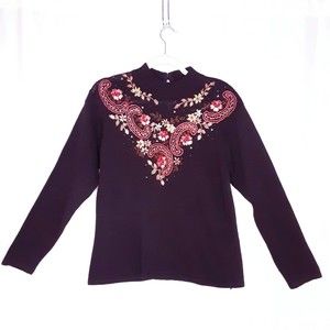 1980s Carly St Claire Sweater Black Beaded Embroidered Mock Neck Top Sz Small